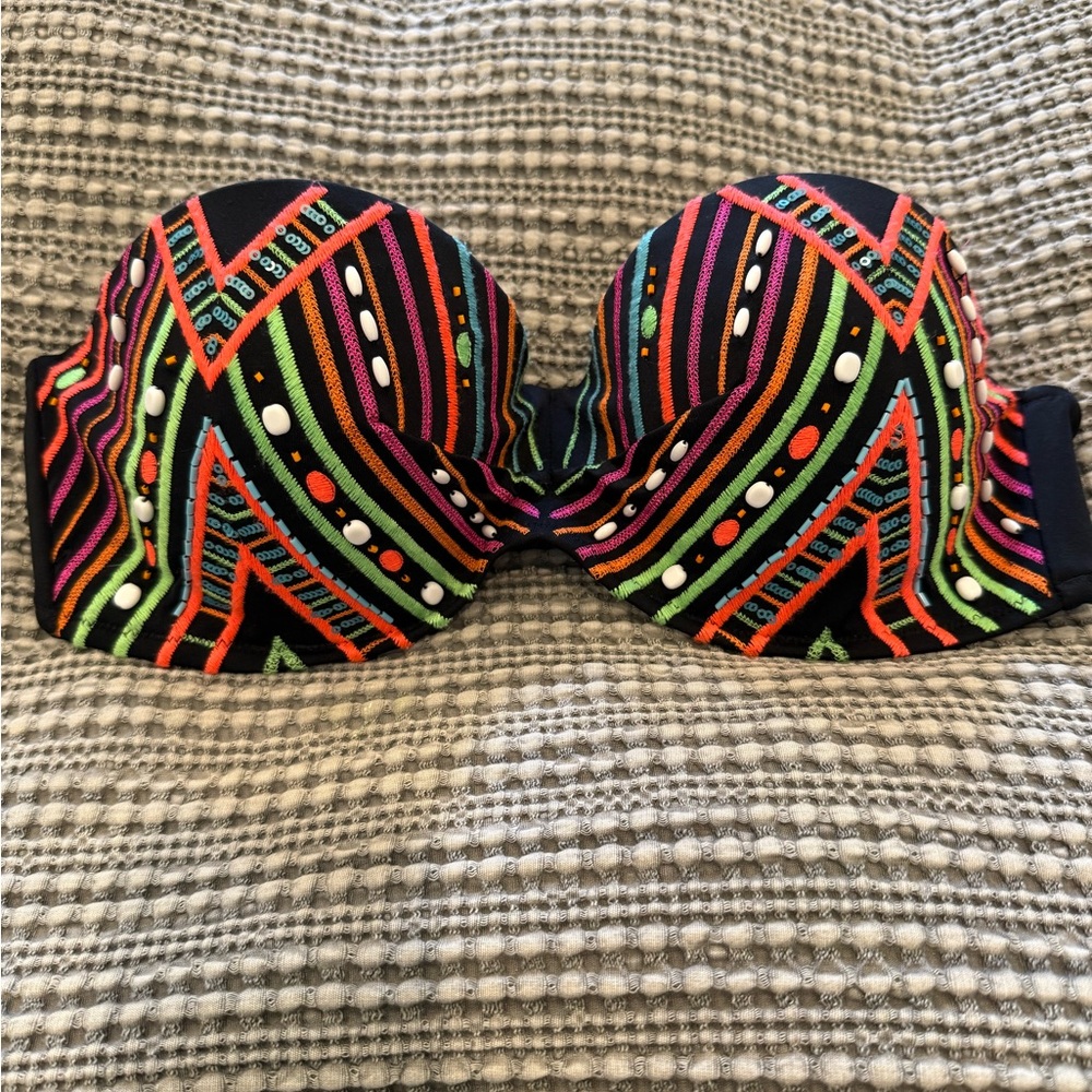 Strapless Neon Embroidered Bikini Top - Black Base